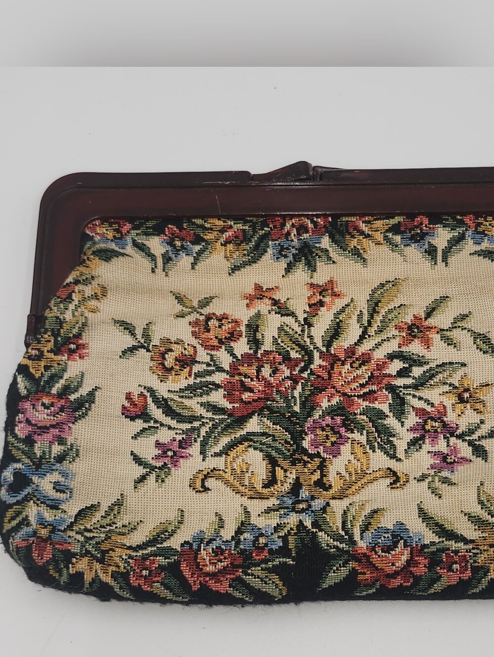 Vtg Purse Fabric Tapestry Bag Clutch Glasses Floral Needlepoint Lucite 1950s